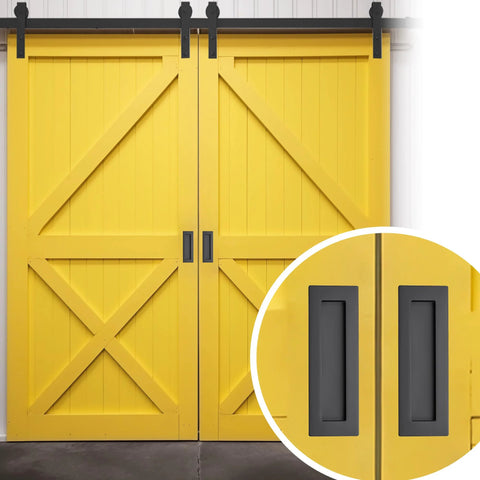 Two Pack Pocket Door Handles 5.9 Inch Rectangular Recessed Pulls For Sliding Closet And Barn Doors Black Flush Finger Pulls Stainless Steel 304 Solid Metal Durable Hardware With Smooth Operation installed on yellow barn doors.