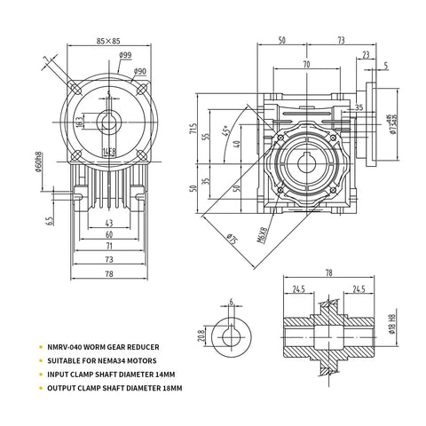 Technical drawing of 40 To 1 NMRV040 Worm Gear Reducer for NEMA 34 flange motors, showing dimensional specifications with 14mm input and 18mm output shafts.