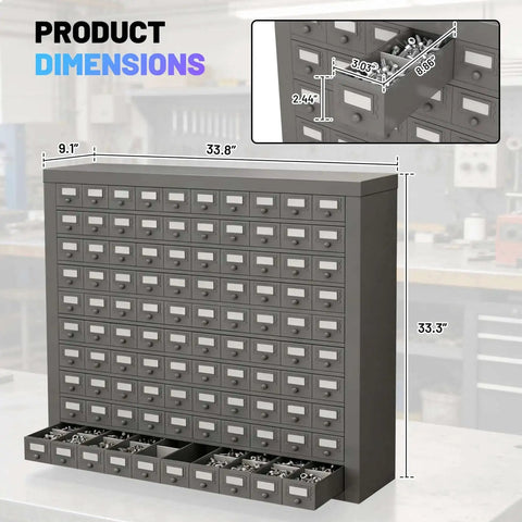 Front view of 100 Drawer Metal Storage Cabinet For Nuts Bolts And Tools, Heavy Duty Gray Parts Organizer With Drawer Bins And Shelves, Bolt And Nut Tool Storage Box, Hardware Organization Cabinet 33.9 W In X 9.1 D In X 33.3 H In.