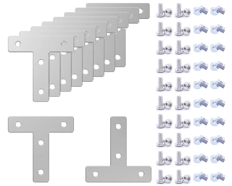 10 Sets Dope 2020 T Shape Corner Bracket Joint Plate Kit For Aluminum Extrusion 90 Degree Connectors With 40 Slide In T Nuts And 40 Screws 6mm Slot 2020 Series Profile shown with plates, screws, and nuts arranged side by side.