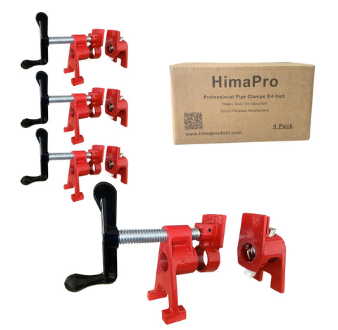 HimaPro 4-pack 3/4 inch H-style pipe clamps set, red with black handles and silver threaded screws.