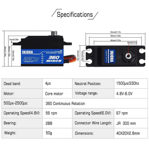 22Kg 360 Degree Digital Servo Winch With 25T Low Profile Spool For RC Crawlers And Boats, technical specifications, dimensions