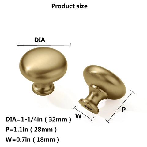 Six Pack One And One Quarter Inch Champagne Bronze Zinc Alloy Cabinet Knobs with dimensions shown in satin brass finish