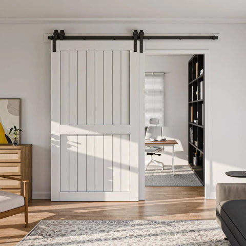 Bypass Sliding Barn Door Hardware Kit, Single Track System with white door, carbon steel frosted black finish, installed in living room