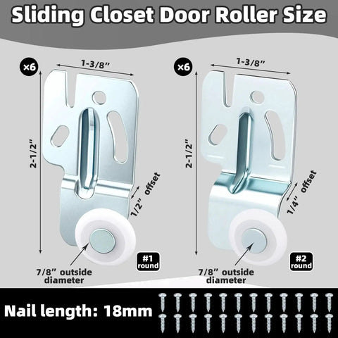 Image showing details of a 12 Pcs Closet Sliding Door Roller Kit With 24 Screws For Top Hung Bypass Closet And Kitchen Doors, Includes One Quarter Inch And One Half Inch Wheels For Easy Replacement And Smooth Operation.