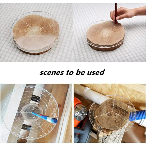 8 Inch Round Center Finder Compass Transparent Acrylic for Woodworking projects showing use on various wooden pieces.