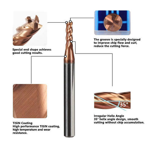 Close-up of a TiSiN coated 5 Pcs Micrograin Carbide Square End Mill Set With TiSiN Coating For CNC Milling, showing cutting grooves and design
