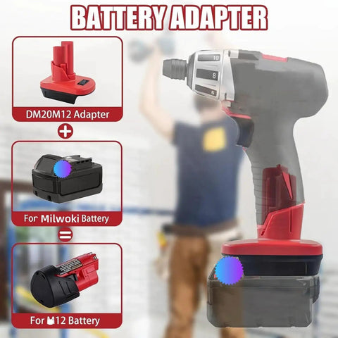 M18 To M12 Battery Adapter For Milwaukee 18V Tools Converts 18V Lithium Battery To 12V with drill illustration