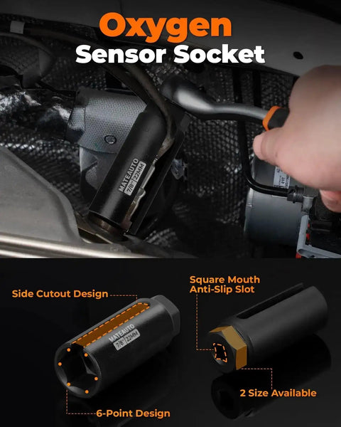 Close-up of Pro Grade Oxygen Sensor Socket Set with Quick Release Ratchet for easy O2 sensor removal, 7/8 inch offset sockets.