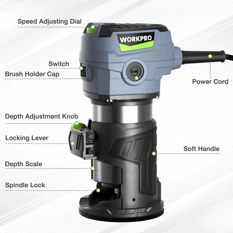 Side view of the Compact Router Kit With 6.5 Amp Corded Hand Trimmer For Woodworking, Six Variable Speeds, showing adjustment features
