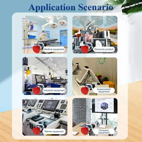 Application scenarios for Red Mushroom Emergency Stop Button Switch 22mm NC Latching 600V 10A in various industries.