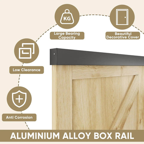 Close-up of 5 Foot Sliding Barn Door Hardware Track Kit Aluminum Alloy Box Rail System For Classic Modern Interior Single Wooden Door Low Clearance in black showcasing rail and decorative cover.