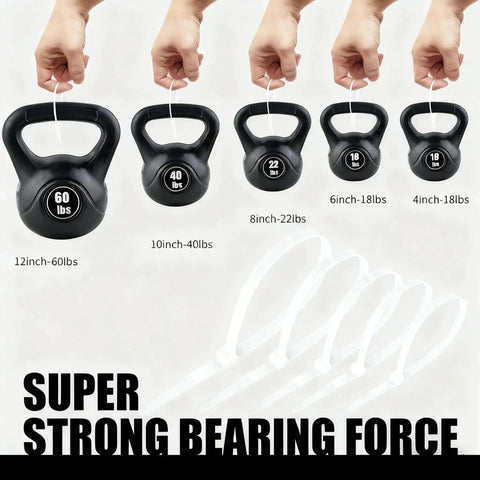 Self Locking Nylon Cable Ties Set With 600 Pieces In 4 6 8 10 12 Inch Assorted Sizes Grab And Go Ready For Heavy Duty Multi Purpose Wire Management For Home Garden Office Travel And Workshop. Kettlebells demonstrate tie strength.