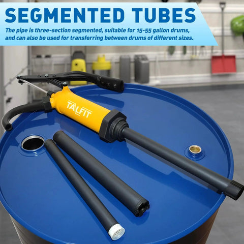 Lever Action Drum Pump For 55 Gallon Drums Fuels Chemicals Corrosives with segmented tubes on blue drum