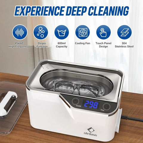 Life Basis ultrasonic jewelry cleaner, white desktop unit with stainless steel cleaning basin and digital timer display.