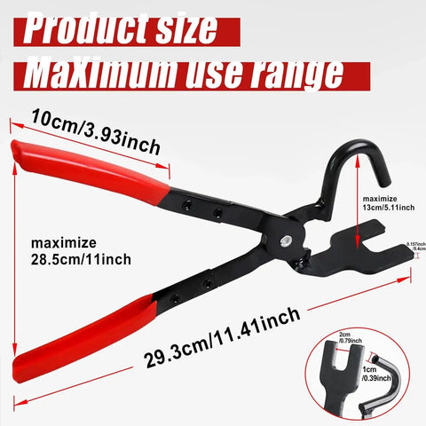 Exhaust Hanger Removal Pliers 25 Degree Offset For Cars And Trucks Non Slip Grip with red handles and tool dimensions visible