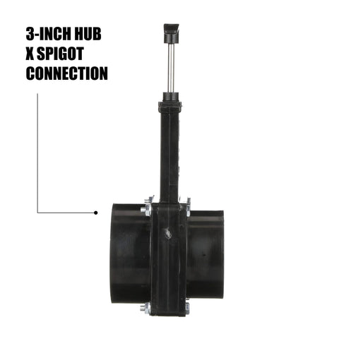 Valterra ABS gate valve for RV, 3-inch hub x spigot connection, black plastic with vertical actuator rod