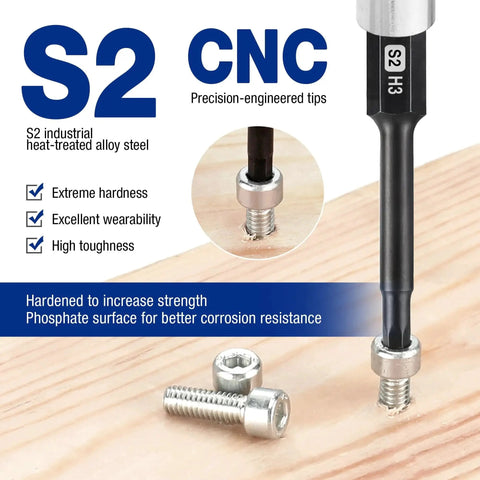 20 Piece Hex Head Allen Wrench Drill Bit Set With Magnetic S2 Steel CNC Machined Bits Metric And SAE Hex Bits in use on wood
