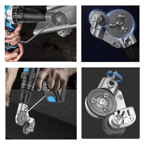 Assorted views of Plate Cutter Drill Attachment for Metal Sheets Upgraded 2024, showing installation and cutting mechanism for handheld drills