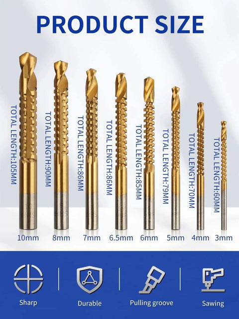8 Pack Titanium Coated HSS Twist Drill Bits Set 3mm 4mm 5mm 6mm 6.5mm 7mm 8mm 10mm Serrated Side Cutting For Wood Plastic Metal Hole Making Pro DIY Tool Kit