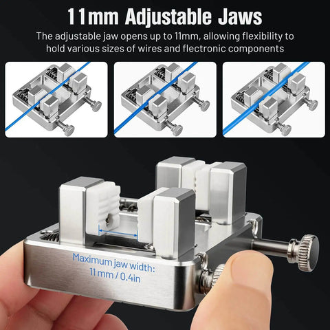 Close-up of Aluminum Soldering Clamp With Ceramic Jaw Adjustable Welding Fixture, showing 11mm adjustable jaws and metal knobs.