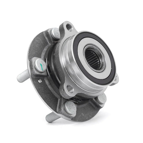 Front view of wheel bearing hub showing metal construction, part of the Front Wheel Bearing Hub Assembly Set Of 2 Compatible With Hyundai Elantra 2017 To 2023 Elantra GT 2017 To 2020 Ioniq 2017 To 2022 Veloster 2019 To 2021 And Kia Niro 2017 To 2022 Forte 2019 To 2022 Replacement Parts.