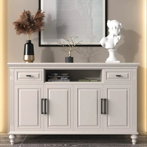 White sideboard with black matte cabinet pulls featuring 30 Pack Matte Black Cabinet Pulls 6-1/4 Inch Square Bar Stainless Steel Handles