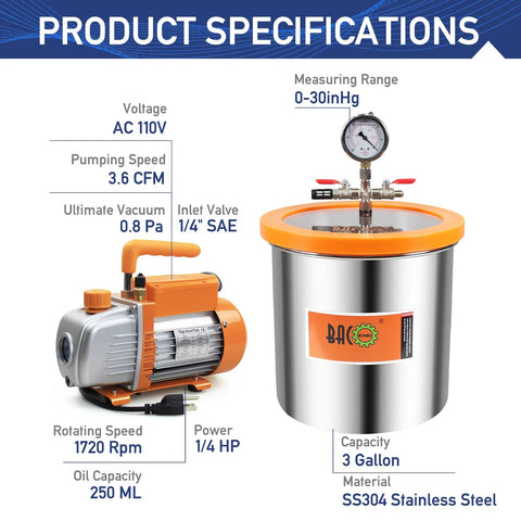 BACOENG 3-Gallon vacuum chamber with tempered glass lid, stainless steel body and pump