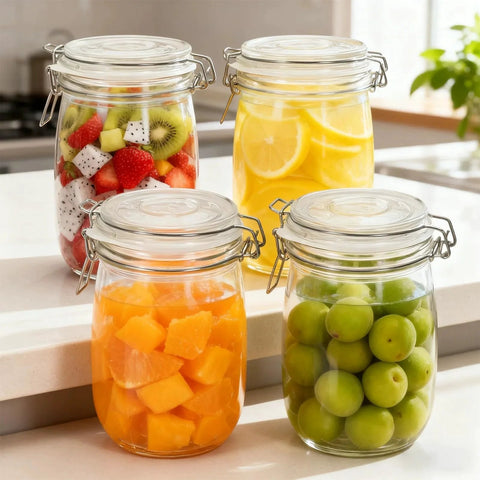 Four glass storage jars with metal clasps filled with colorful fruit, placed on a white kitchen countertop.