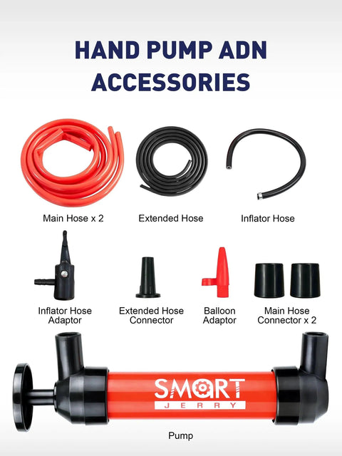 Hand Fluid Transfer Pump Siphon For Gas Oil RV Antifreeze Lawn Mower Fish Tank with hoses and connectors displayed