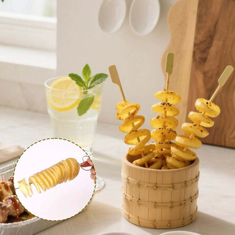 Manual Tornado Potato Spiral Cutter and Vegetable Spiralizer Crinkle Slicer Twisted Knife displayed with spiral potatoes