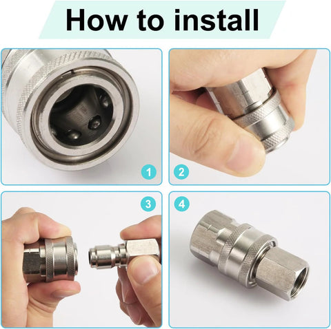 Stainless steel 3/8 in pressure washer quick-connect fittings kit, 4 pieces, installation steps demo.