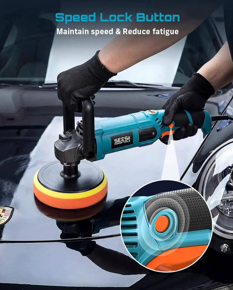 Powerful 1600W Rotary Buffer Polisher With Copper Motor on car surface, showing speed lock button for DIY detailers.
