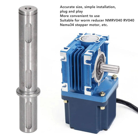Beefy Alloy Steel Short Output Shaft Gear Speed Reducer Kit With Seven Accessories For NMRV040 RV040 And Nema34 Stepper Motors 18mm 0.71in Single Output Shaft Plug And Play Easy Install Durable High Hardness Shaft For Reliable Performance, showing alloy steel shaft and blue speed reducer module.