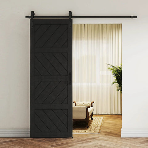Sliding Barn Door 30x84 Inches Black With Modern Paneled Wave Design, Complete Barn Door Set, Waterproof PVC Surface