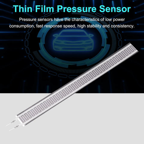 Thin-film pressure sensor strip with interdigitated traces and dual leads on a gray flexible substrate.