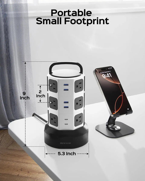 12 Outlet Surge Protector Tower With 6 USB Ports And 2 USB-C, 6.5 Foot Extension Cord For Home Office Setup, on desk with phone stand