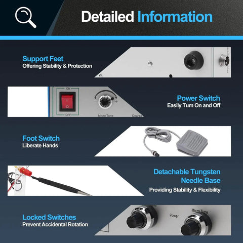 Features of Pro Grade 110V Portable Spot Welder Kit With Pedal Switch, highlighting components and controls for jewelry making.