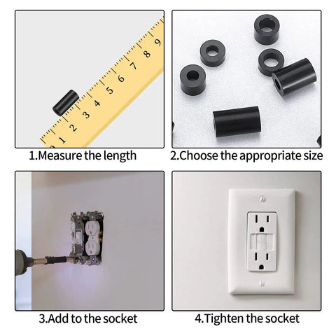 Step-by-step DIY guide using 400 Pack Nylon Electrical Outlet Spacers, ABS Round Spacers And Standoffs, Plastic Washers, Black, 14 Size Range
