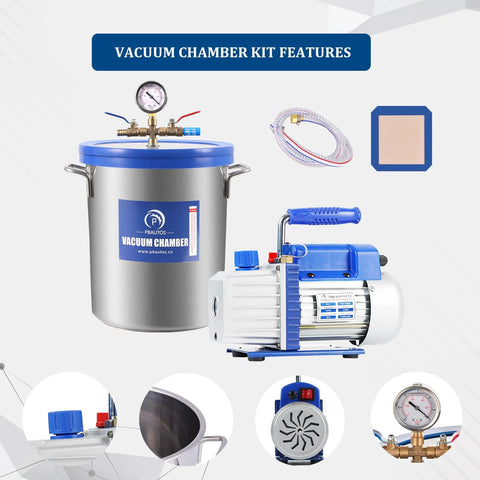 P PBAUTOS 9-Gallon tempered glass vacuum chamber kit with blue lid, gauge, hoses, and 1/3 HP pump