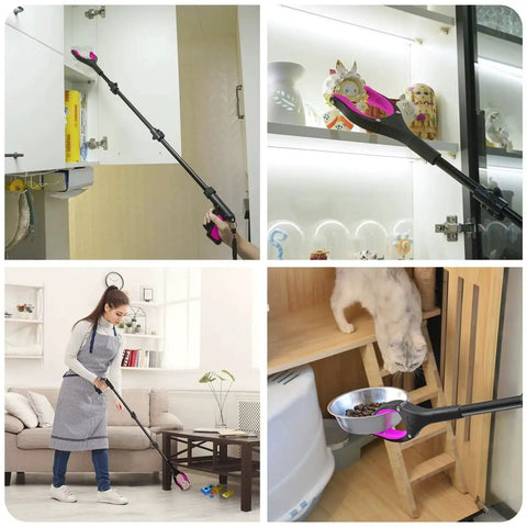 36 Inch Foldable Grabber Reacher Tool With 360 Degree Rotating Jaw And Two Magnets for picking up items, in use by woman and cat.