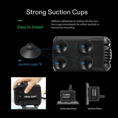 VIVOSUN submersible pump with four suction cups, black plastic; for fish tanks and ponds; horizontal/vertical mounting.