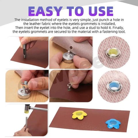 Installation steps for Multi Color 3/16 Inch Metal Flower Eyelets And Round Grommets Kit for crafting and DIY projects.