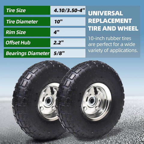 Two Pack 10 Inch Pneumatic Tire And Wheel Assembly 4.10/3.50-4 With 5/8 Inch Axle Bore And 2.2 Inch Offset Hub display with specs