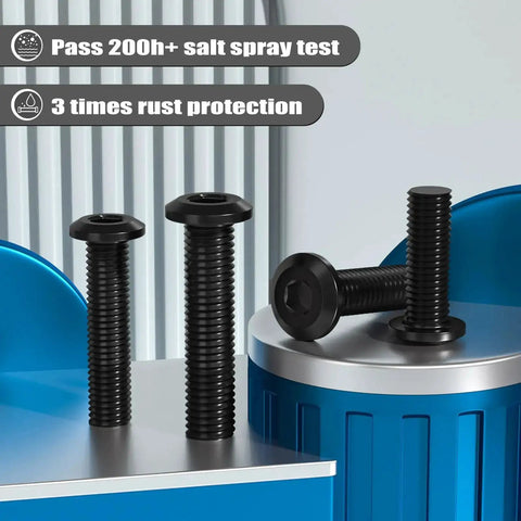 M8 1.25 x 20mm hex socket cap screws 33 pack flat head full thread 304 stainless steel black zinc plated on blue surface