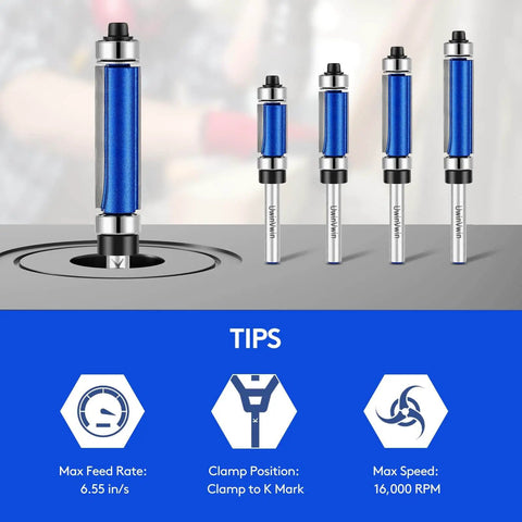 Four Piece Flush Trim Router Bit Set With Top And Bottom Bearings One Quarter Inch Shank Carbide Cutter For Veneer And Laminate Shelf Edge Trimming Cutting Diameter Half Inch Lengths Three Quarters To One And A Half Inch, shown in various sizes with performance tips highlighted.