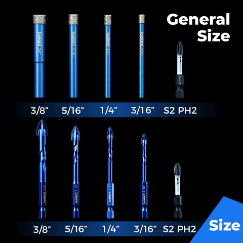 Diamond Drill Bits Set For Ceramic Tile Glass Porcelain Marble And Granite With Cooling Wax Lubrication, 10 Pc Includes 3/16, 1/4, 5/16, 3/8 Inch Bits With 1/4 Inch Round Shank Tile Glass Drill Kit By Toolant displayed with size labels.
