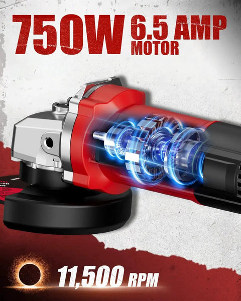 Graphic showing internal mechanism of a Powerful Four Point Five Inch Angle Grinder With 750 Watt Motor 11500 RPM Six Point Five Amp.