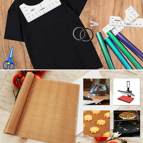 DIY T Shirt Alignment Tool Kit With Heat Resistant Tape And PTFE Teflon Transfer Sheets Four Ruler Sizes Two Rolls Heat Resistant Tape Three Packs PTFE Sheets And One Tape Measure Included For Quick Centered Transfers, shown with a black T-shirt and crafting tools.