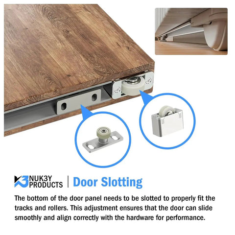Concealed Sliding Barn Door Hardware Kit With Soft Close For 42 Inch Track, showing top roller, bottom wheels, and door slotting.